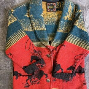 Circle T Women's L Wool Blend Western Horse Blanket Coat Red Teal Gold Jacket